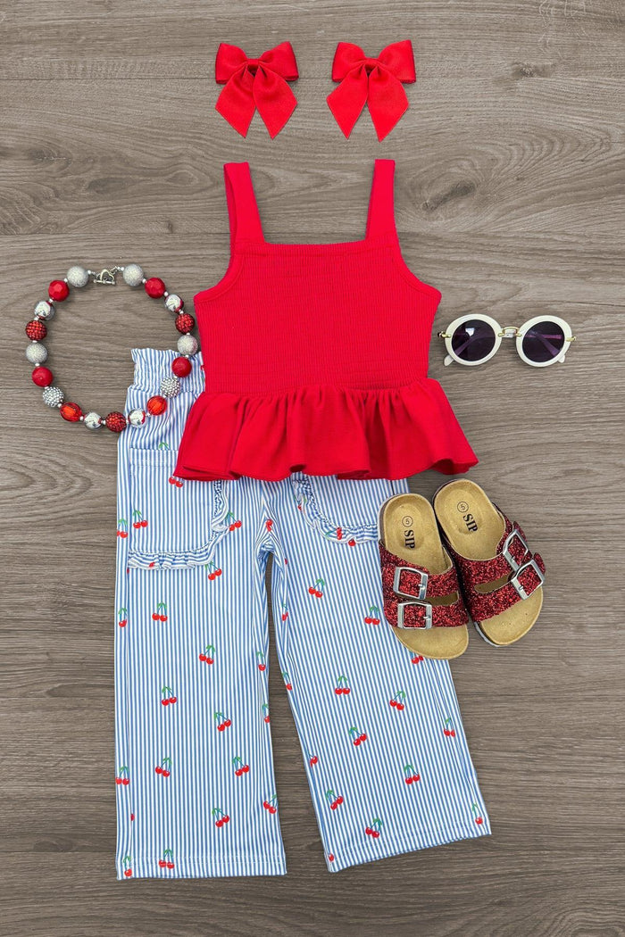 Striped Cherry Pant Set - 6-12 Months - Red sleeveless ruffle top paired with light blue wide-leg pants featuring red cherry and stripe print, styled with red bows, .