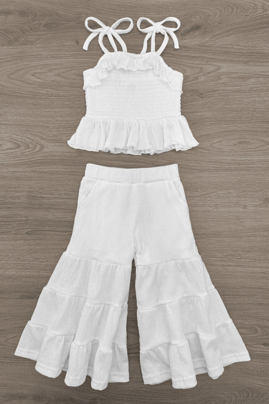 White Flowy Ruffle Pant Set | Sparkle in Pink