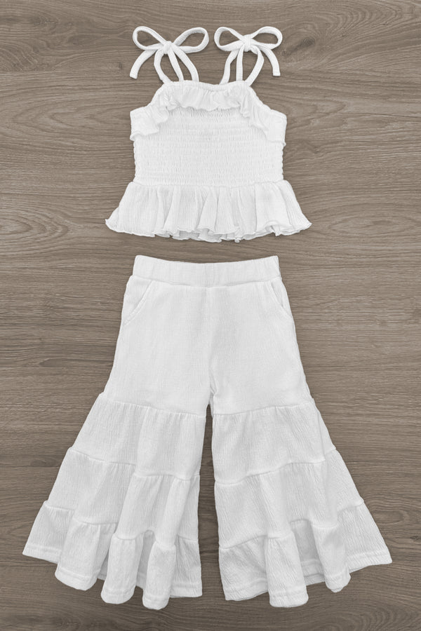 White Flowy Ruffle Pant Set | Sparkle in Pink