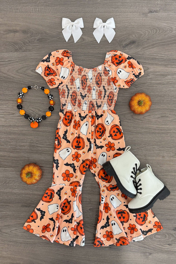 Halloween Bell Bottom Jumpsuit - 3XS-6-12 Months - Orange Halloween bell bottom jumpsuit with pumpkin and ghost prints, paired with white lace-up boots, black and orange.