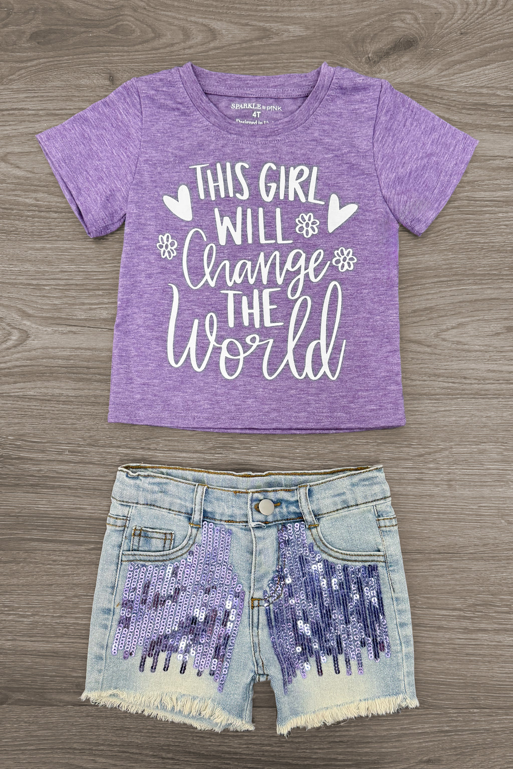 "This Girl Will Change The World" Denim Short Set | Sparkle in Pink