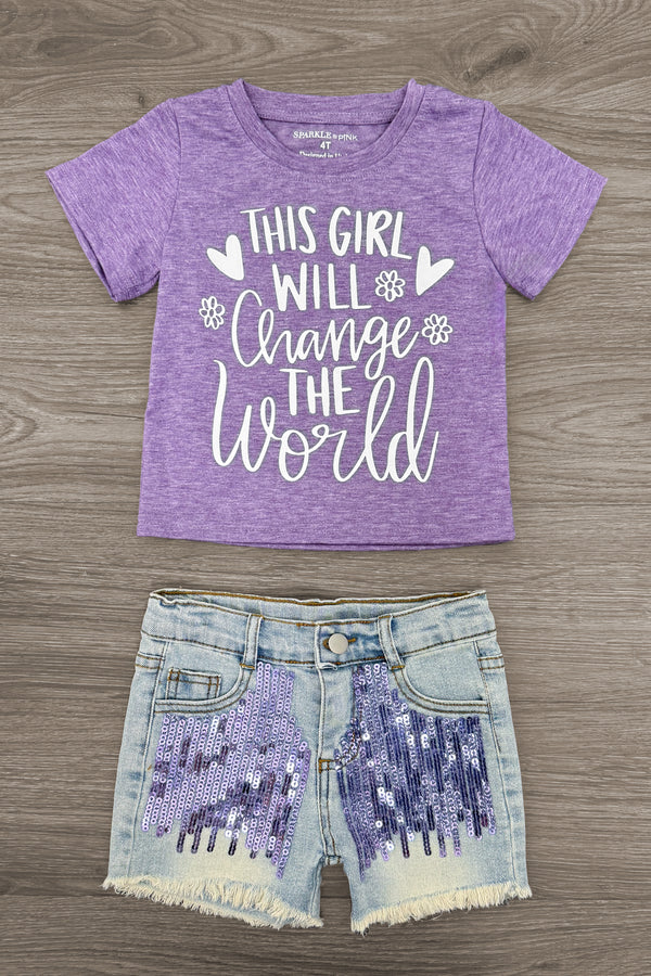 "This Girl Will Change The World" Denim Short Set | Sparkle in Pink