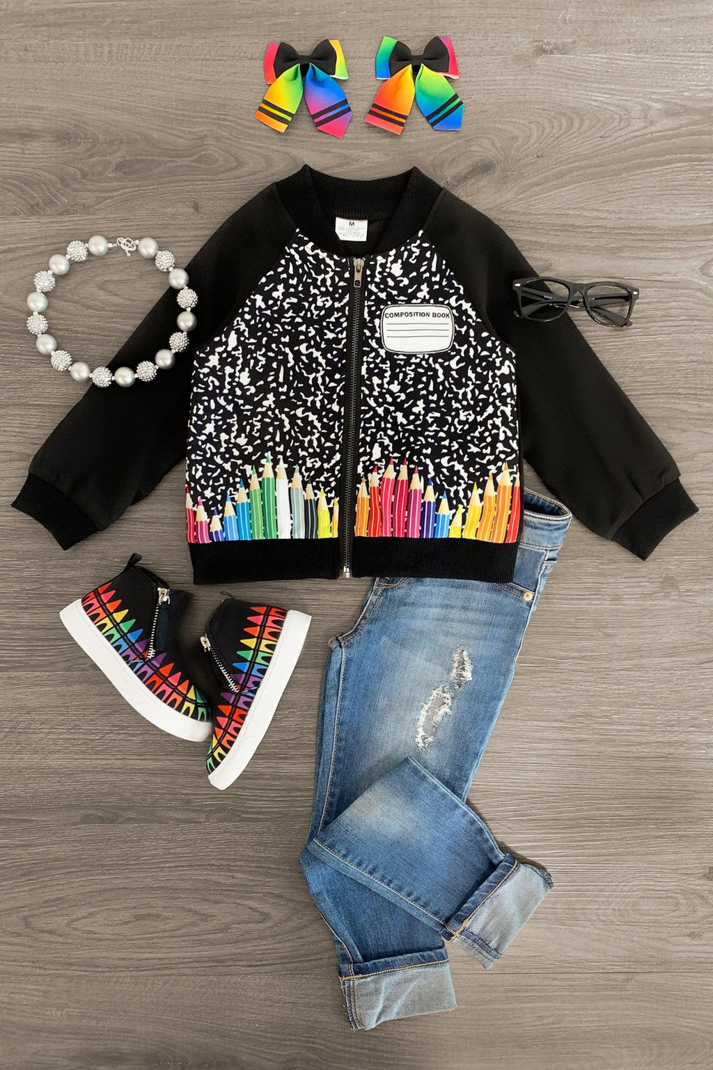 Composition Book Bomber Jacket | Sparkle in Pink