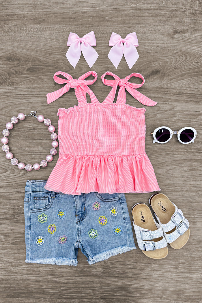 Pink Striped Flower Denim Short Set - 6-12 Months - Pink smocked tank top with tie straps, denim shorts with embroidered flowers, white sandals, pink bows, beaded necklace, and .