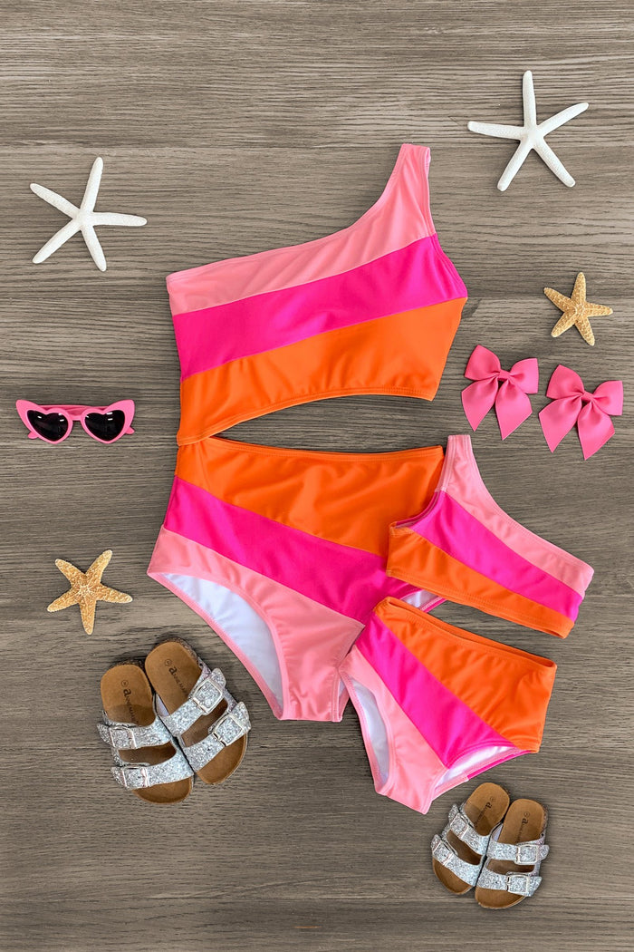 Mom & Me - Pink & Orange Striped Swimsuit - CHILD-3XS-6-12 Months - Pink and orange striped one-shoulder mom and child swimsuits with cutouts, paired with pink bows, heart-shaped sunglasses,.