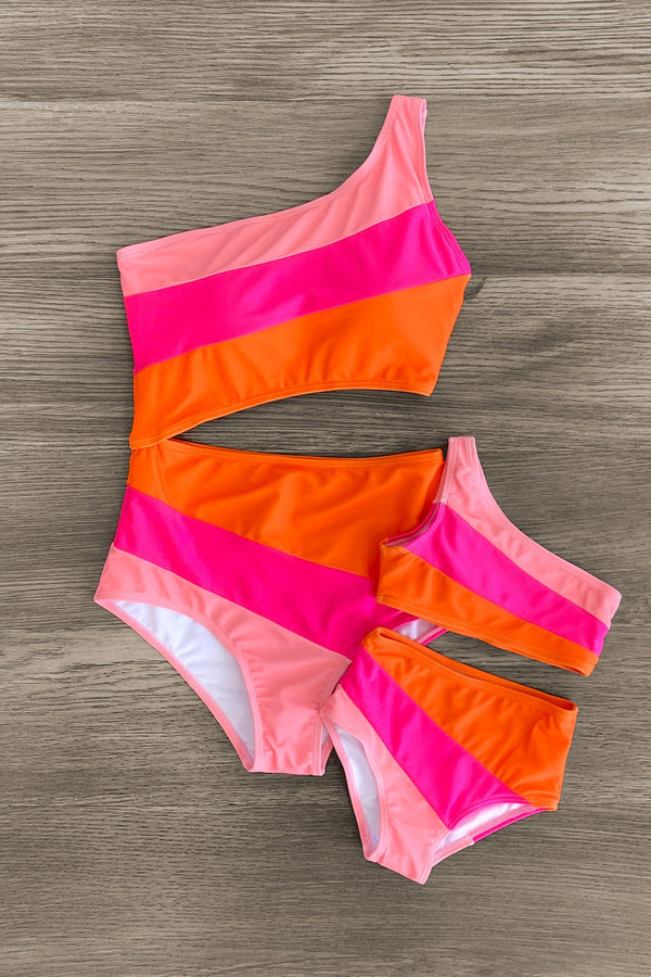 Mom & Me - Pink & Orange Striped Swimsuit - Sparkle in Pink