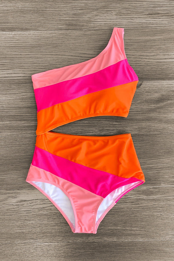 Mom & Me - Pink & Orange Striped Swimsuit - Sparkle in Pink