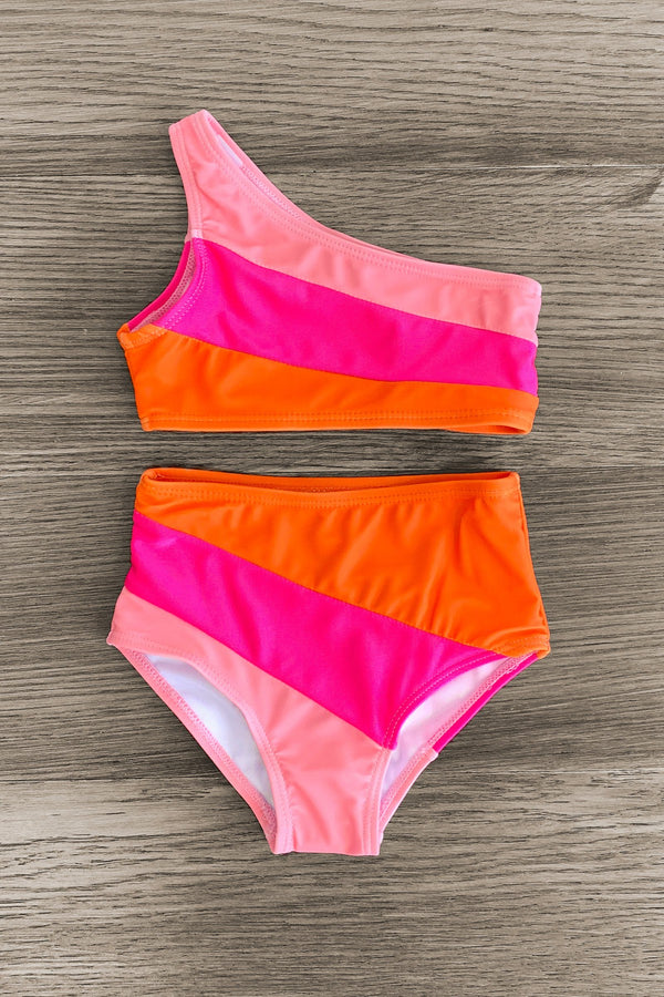 Mom & Me - Pink & Orange Striped Swimsuit - Sparkle in Pink