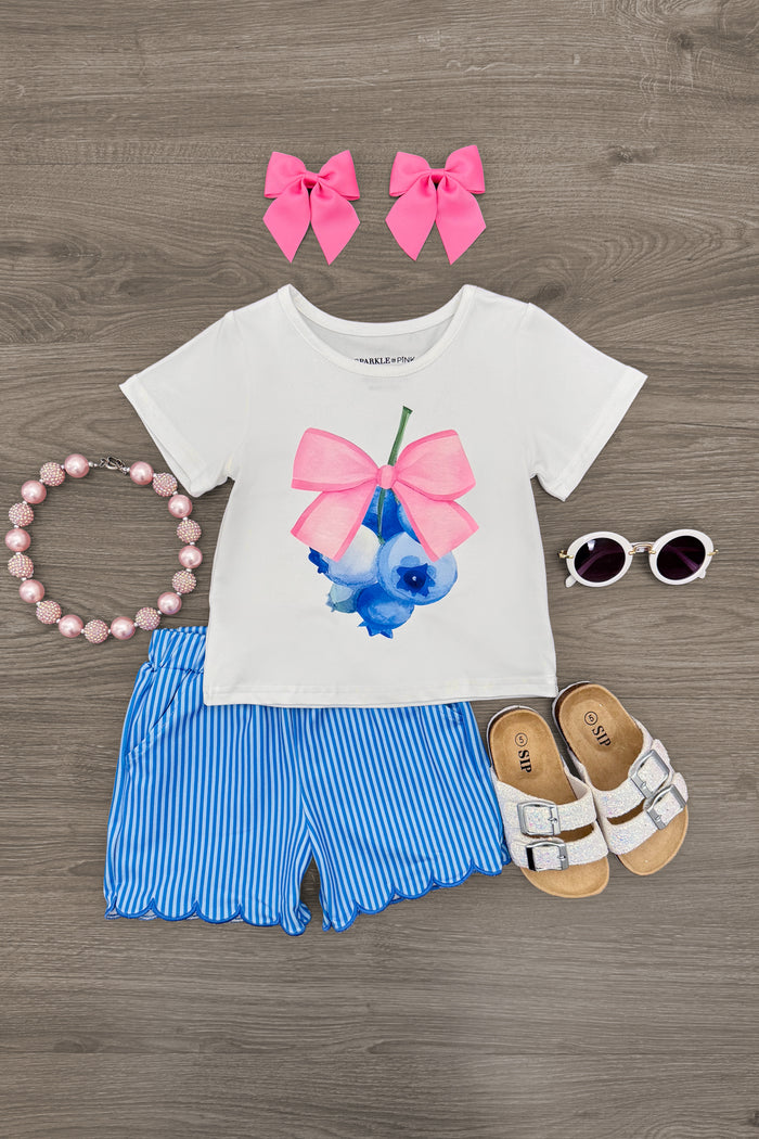 Blueberry Striped Short Set - 6-12 Months - White short-sleeve shirt with pink and blue butterfly graphic, blue striped shorts, white sandals, pink hair bows, pink.