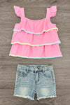 Pink Pom Pom Gemstone Denim Short Set | Sparkle in Pink