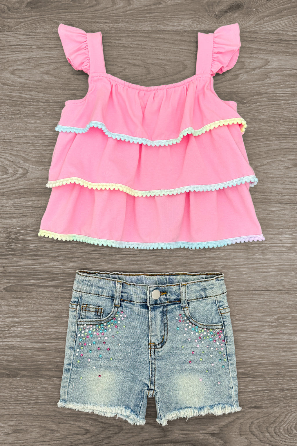 Pink Pom Pom Gemstone Denim Short Set | Sparkle in Pink