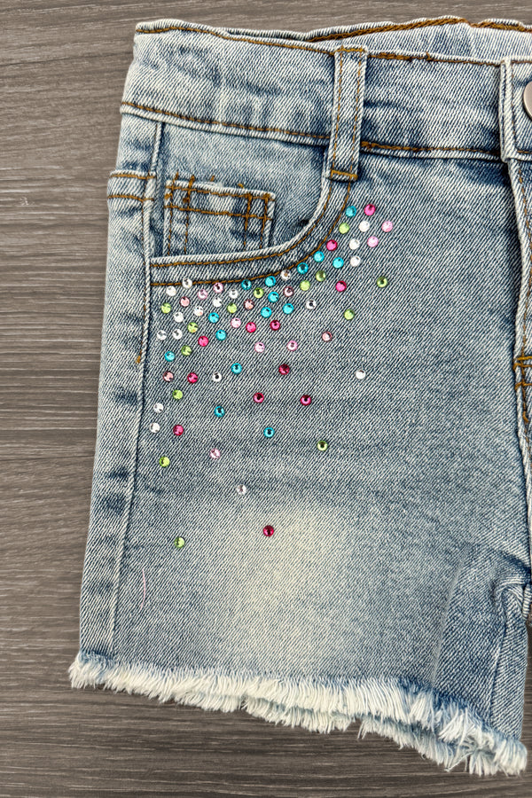 Pink Pom Pom Gemstone Denim Short Set | Sparkle in Pink