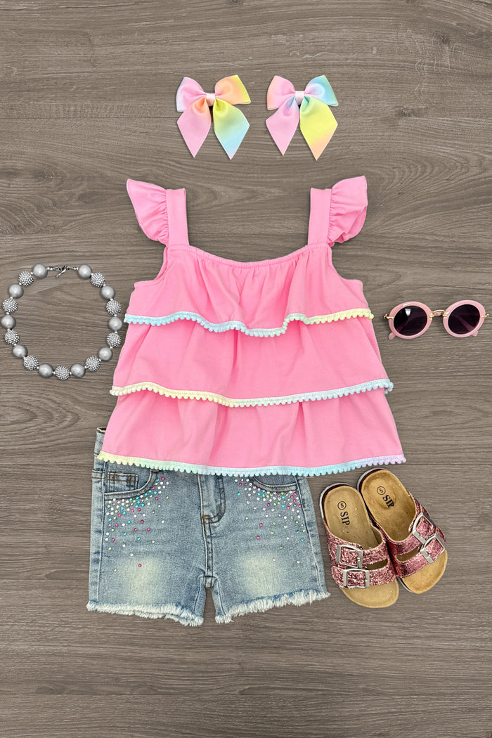 Pink Pom Pom Gemstone Denim Short Set - 6-12 Months - Pink ruffled sleeveless top with yellow trim, distressed denim shorts, pink sandals, pastel pink and yellow bows, gray.