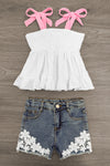 White Floral Lace Denim Short Set | Sparkle in Pink