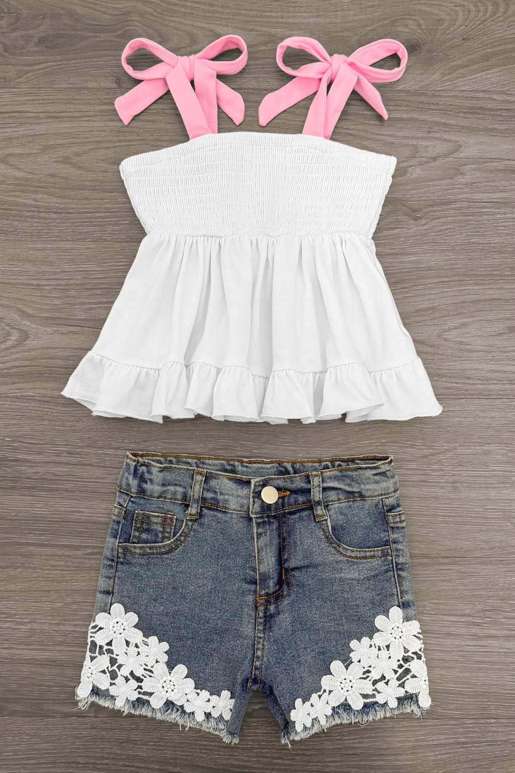 White Floral Lace Denim Short Set | Sparkle in Pink