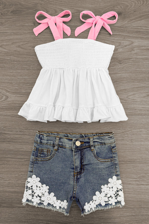 White Floral Lace Denim Short Set | Sparkle in Pink