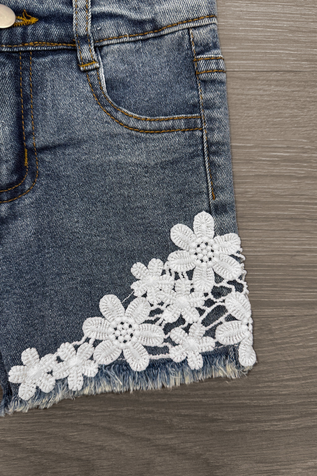 White Floral Lace Denim Short Set | Sparkle in Pink