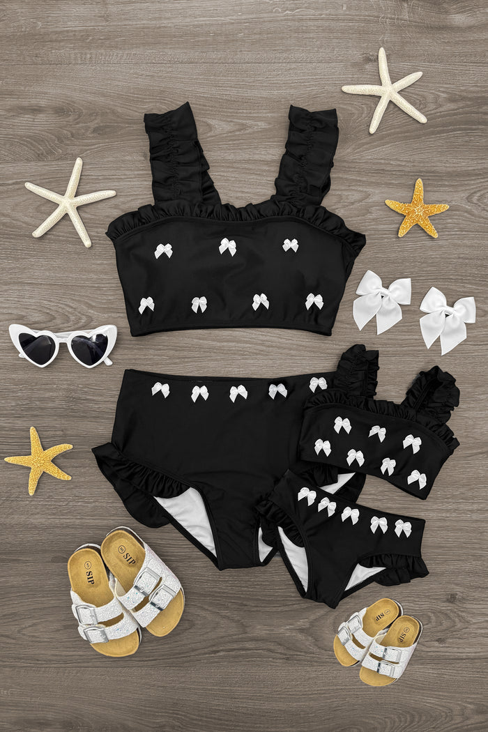 Mom & Me - Black Ruffle Bow Bikini - CHILD-6-12 Months - Black ruffle bow bikini set with white tooth pattern, featuring matching mom and child sizes.