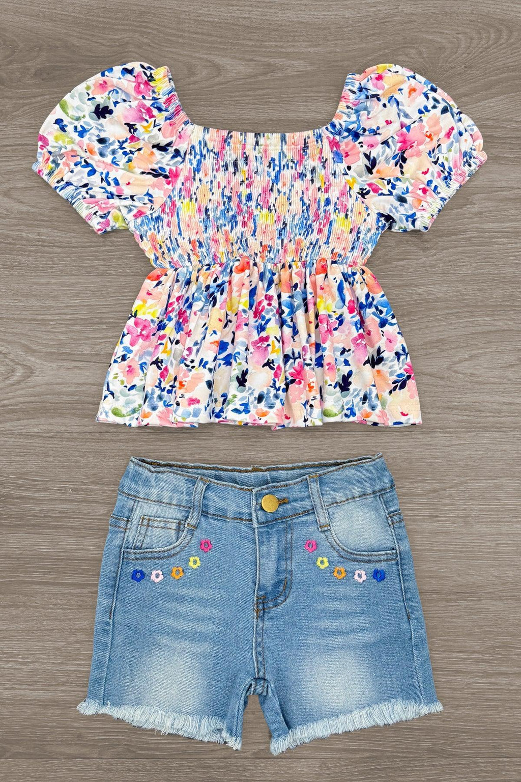 Floral Watercolor Denim Short Set | Sparkle in Pink