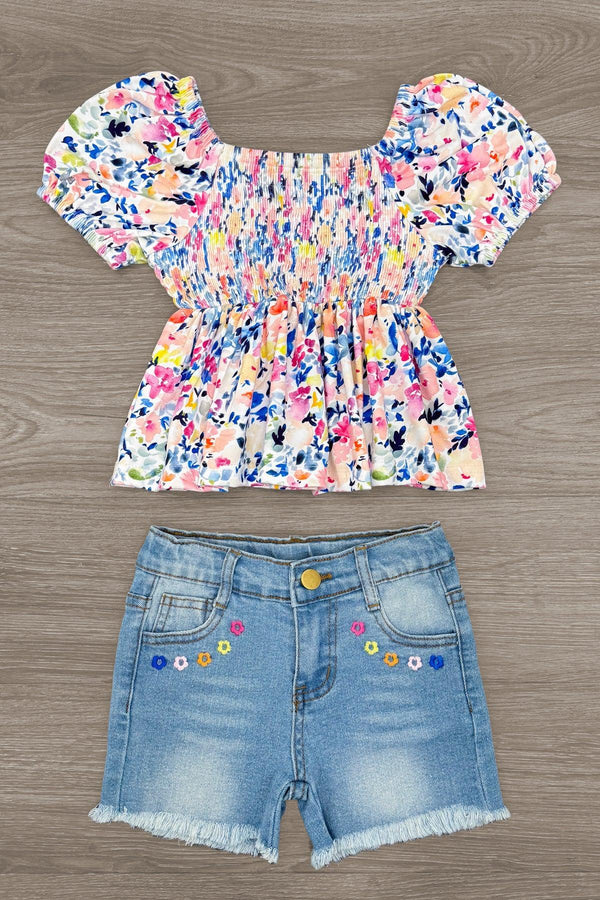 Floral Watercolor Denim Short Set | Sparkle in Pink