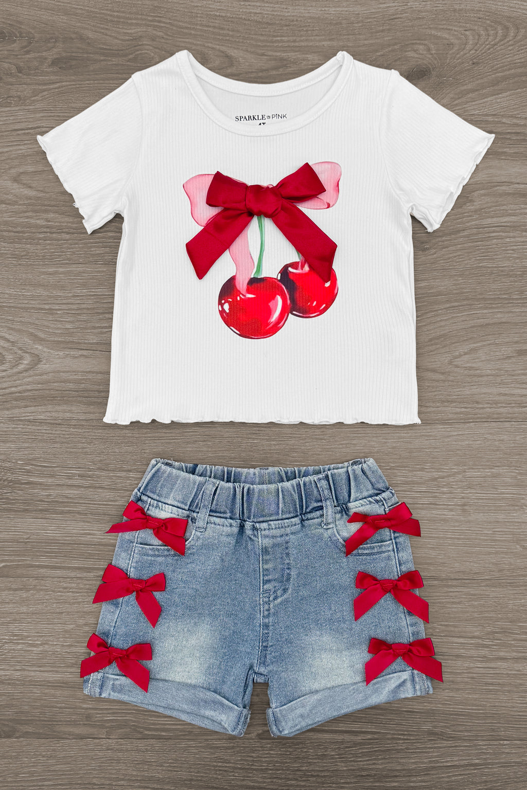 Cherry Bow Denim Short Set | Sparkle in Pink
