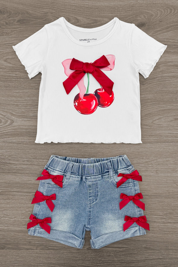 Cherry Bow Denim Short Set | Sparkle in Pink