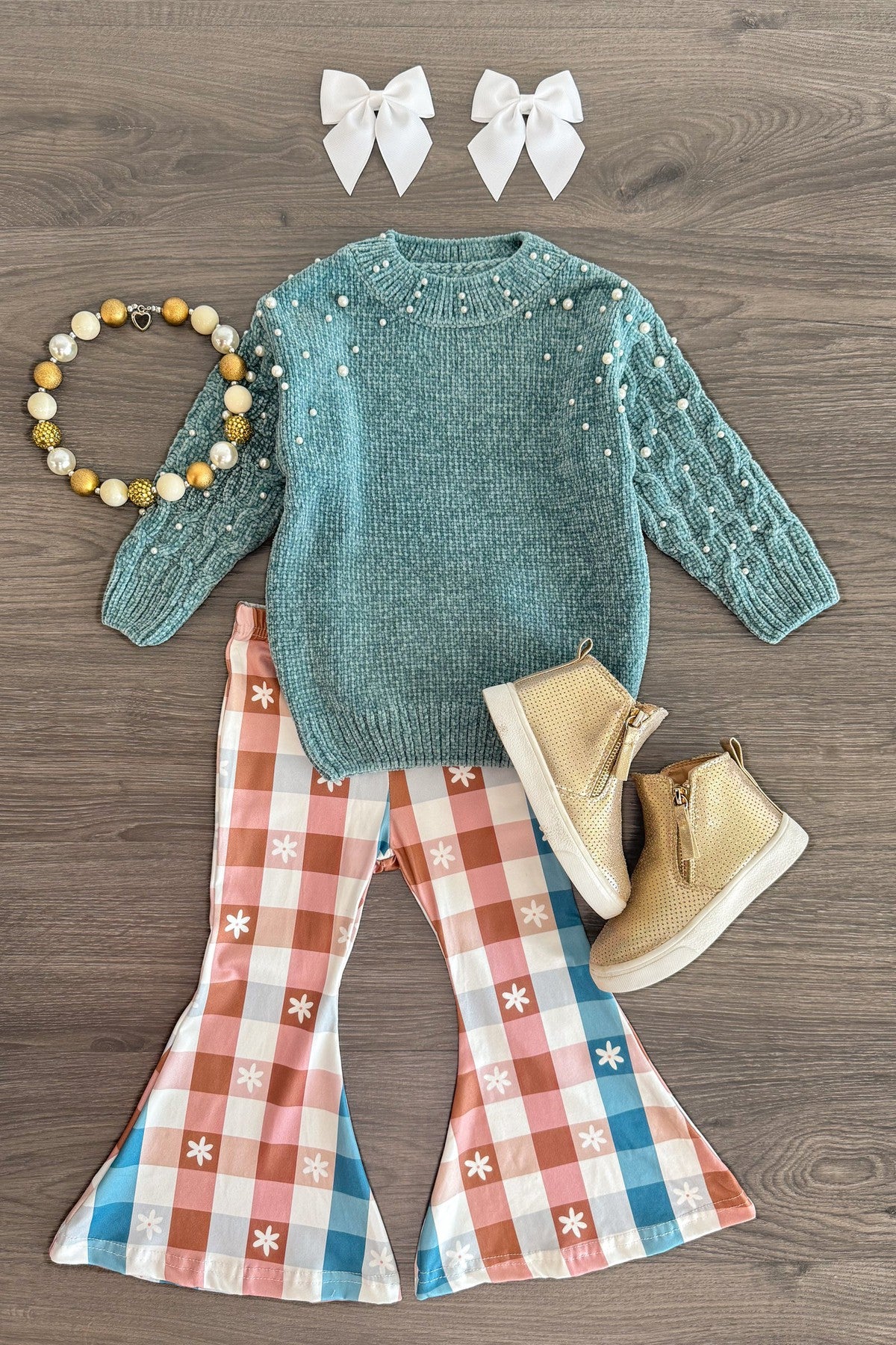Teal Pearl Sweater Checkered Bell Bottom Set | Sparkle in Pink