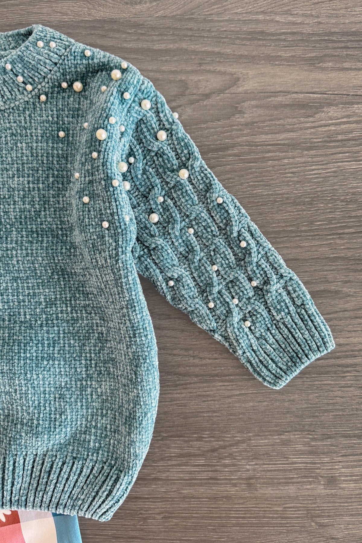 Teal Pearl Sweater Checkered Bell Bottom Set | Sparkle in Pink