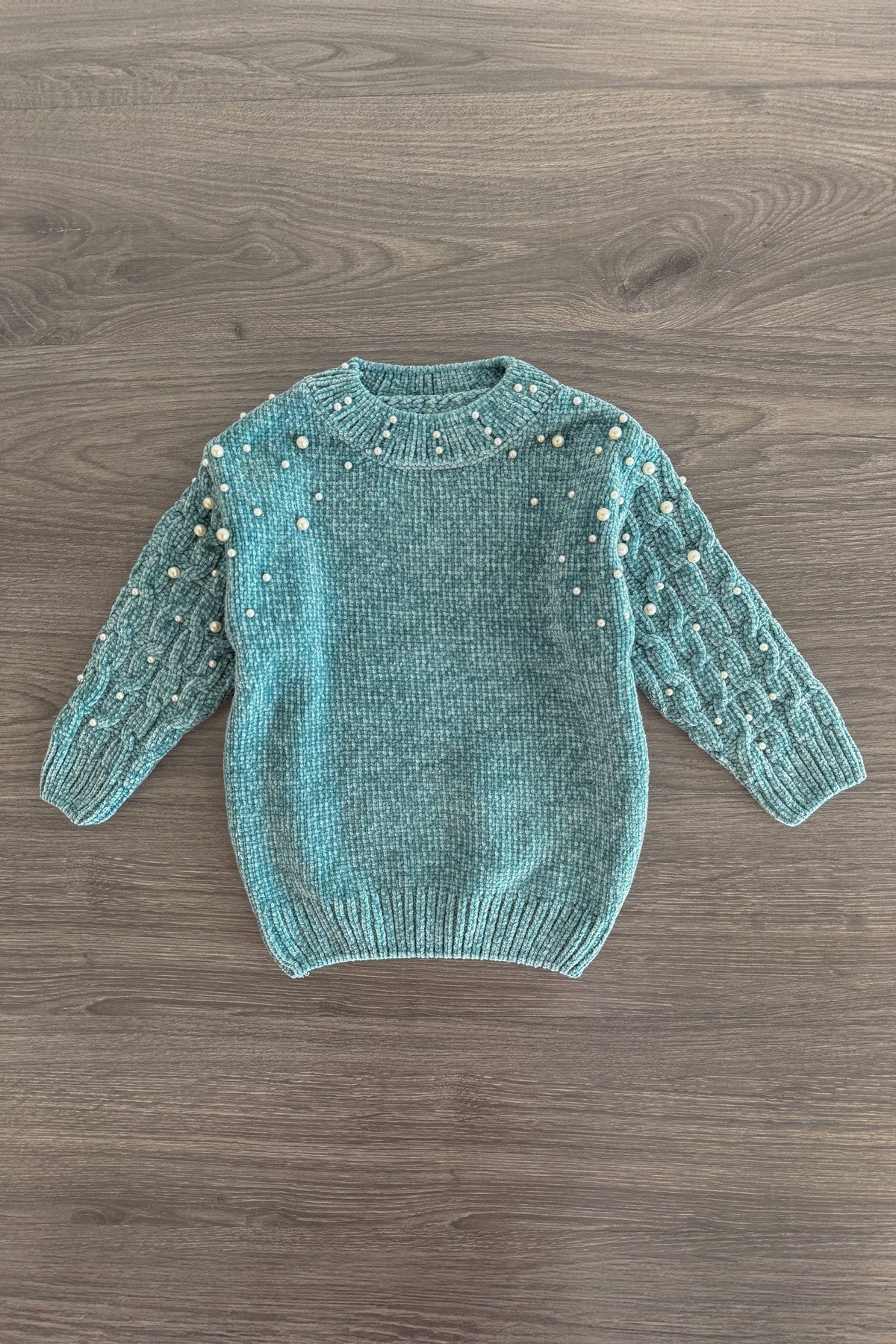 Teal Pearl Sweater Checkered Bell Bottom Set | Sparkle in Pink