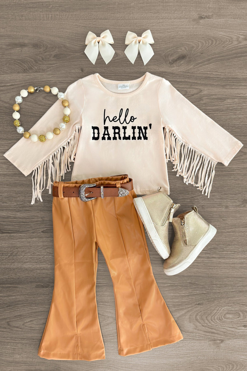 "Hello Darlin'" Tan Pleather Bell Bottom Set | Sparkle in Pink