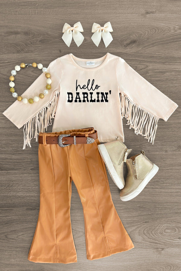 "Hello Darlin'" Tan Pleather Bell Bottom Set | Sparkle in Pink
