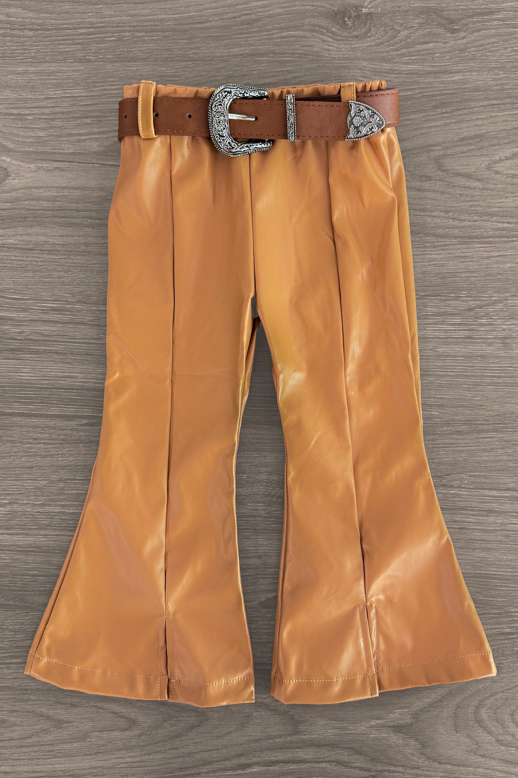 "Hello Darlin'" Tan Pleather Bell Bottom Set | Sparkle in Pink