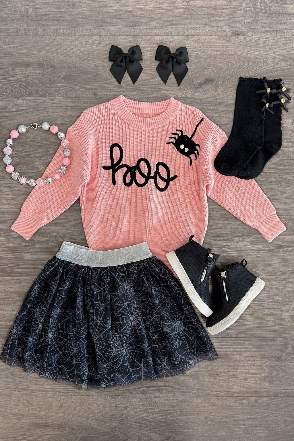 "Boo" Pink Sweater Spider Web Skirt Set | Sparkle in Pink