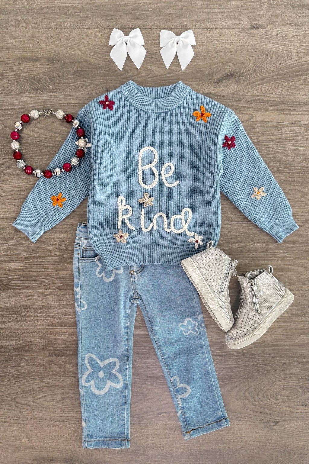 "Be Kind" Blue Floral Knit Sweater | Sparkle in Pink