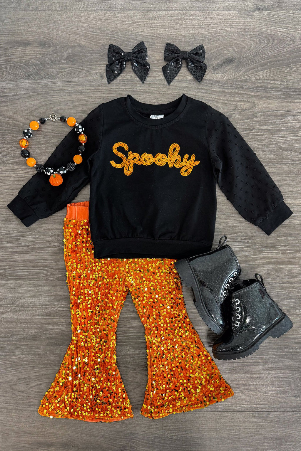 "Spooky" Orange Sequin Bell Bottom Set | Sparkle in Pink