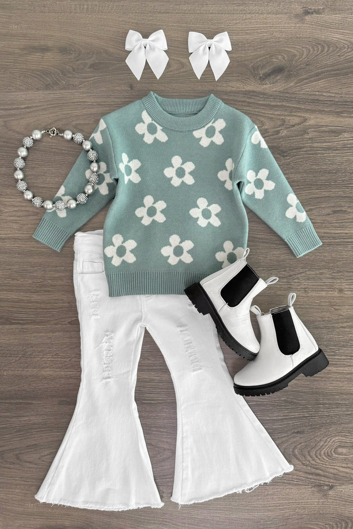 Teal Floral Sweater Denim Bell Bottom Set - 3XS-6-12 Months - Teal knit sweater with white floral pattern paired with white denim bell-bottom pants, white bows, gray bead necklace, and.