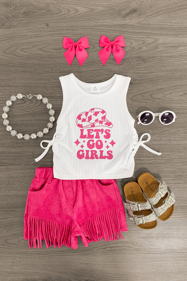 "Let's Go Girls" Pink Fringe Suede Short Set - Sparkle in Pink