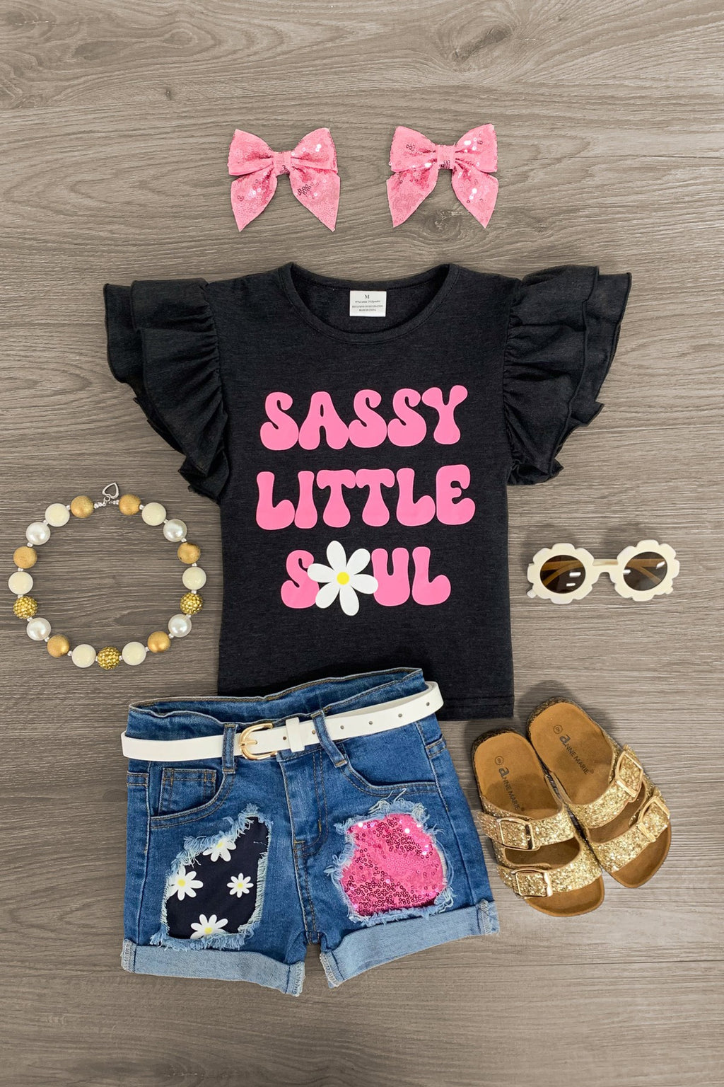 "Sassy Little Soul" Distressed Denim Short Set - Sparkle in Pink