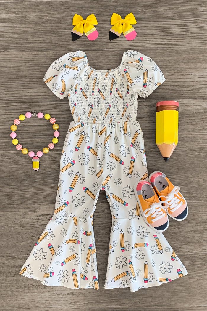 Cream Pencil Flower Flare Jumpsuit - 3T - Cream jumpsuit with pencil and flower print, puff sleeves, and flared pants, paired with pink and yellow bows, pink and.