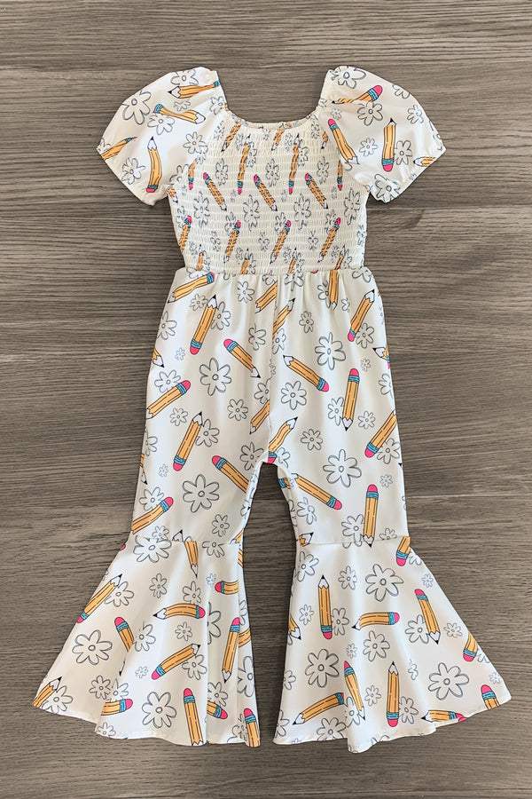 Cream Pencil Flower Flare Jumpsuit - Sparkle in Pink