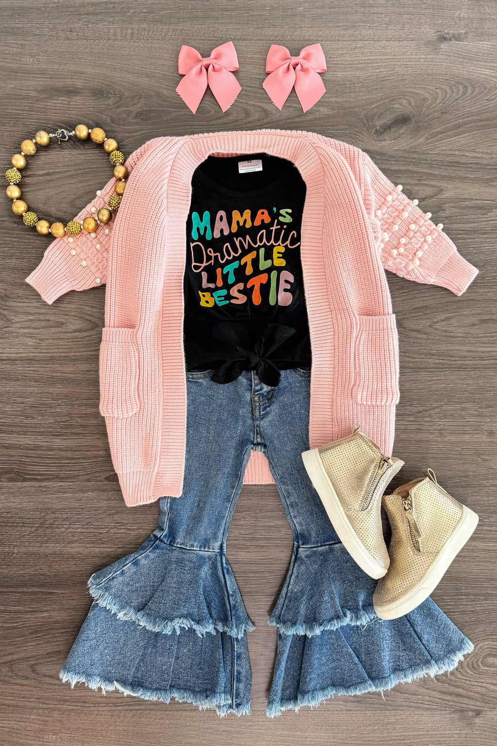"Mama's Dramatic Little Bestie" Denim Bell Bottom Set | Sparkle in Pink