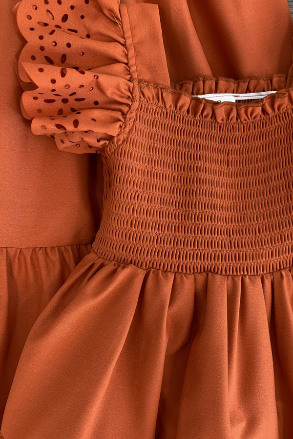 Mom & Me - Eyelet Ruffle Dress Rust / MOM-Medium Mom & Me - Eyelet Ruffle Dress Rust / MOM-Medium