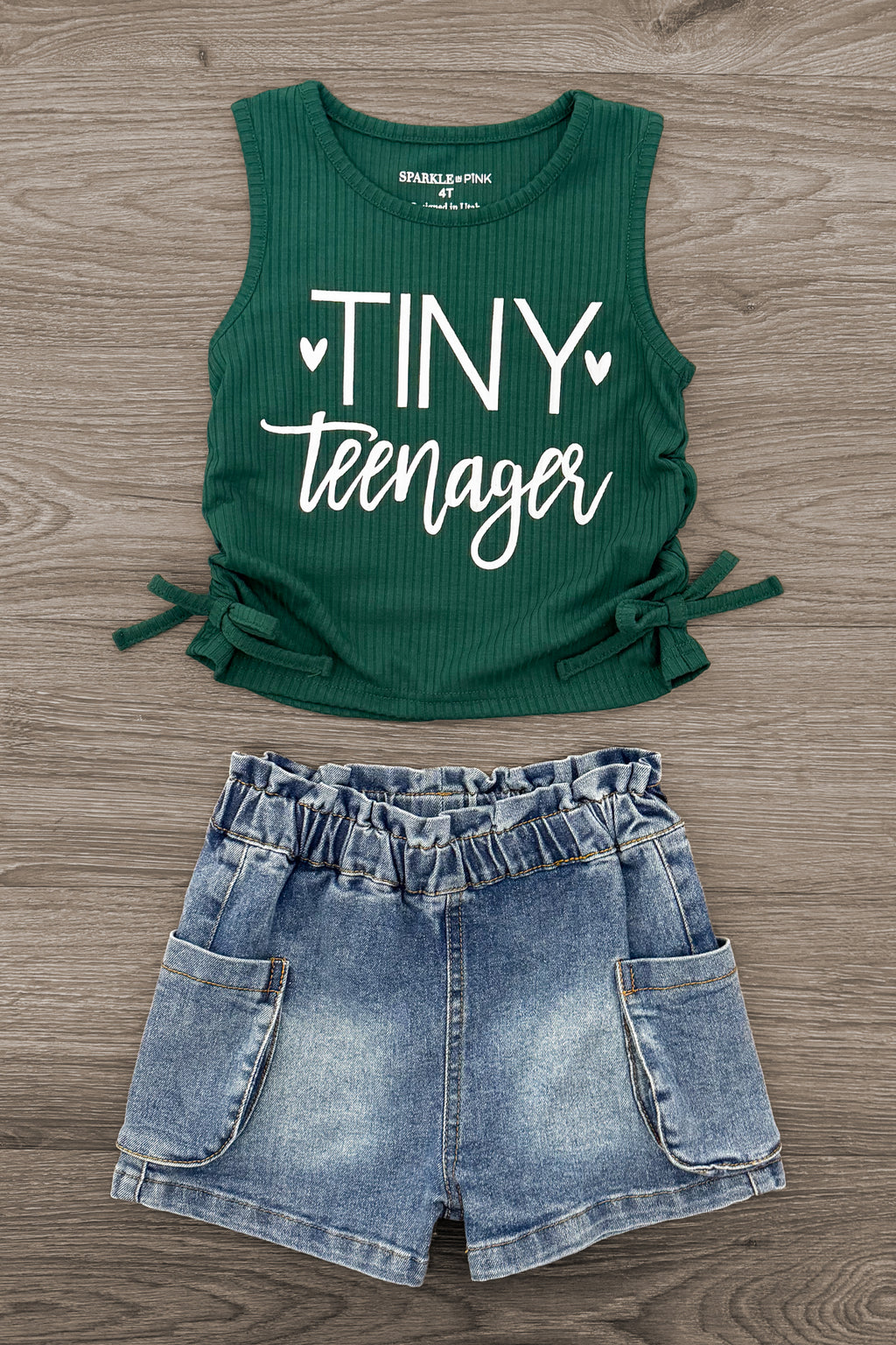 "Tiny Teenager" Denim Short Set | Sparkle in Pink