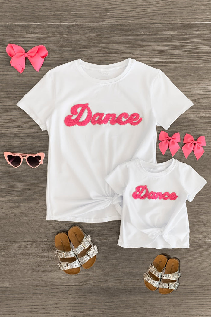 Mom & Me - "Dance" Chenille Patch Short Sleeve Top - CHILD-3XS-6-12 Months - White short sleeve top with pink chenille "Dance" text, styled with matching pink bows, sunglasses, and sandals for mom and.