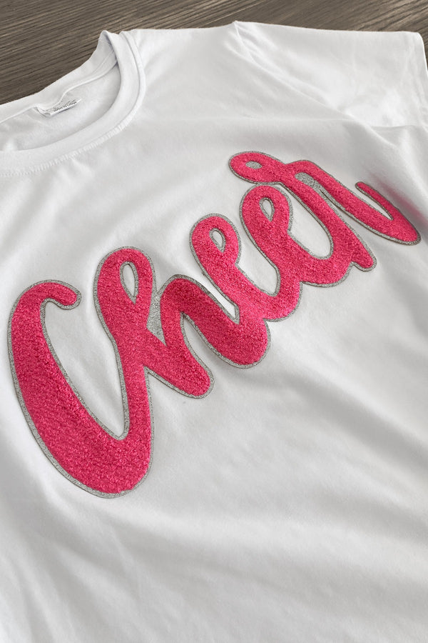 Mom & Me - "Cheer" Chenille Patch Short Sleeve Top - Sparkle in Pink