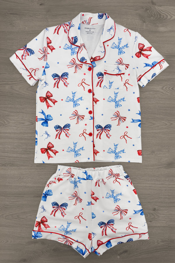 Mom & Me - Patriotic Bow Waffle Knit Pajamas | Sparkle in Pink