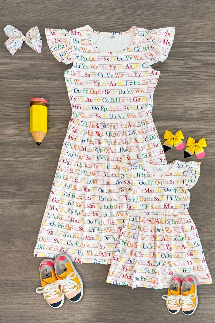 Mom & Me - White Alphabet Dress - CHILD-Small-3T - White dress with colorful alphabet print, flutter sleeves, matching child and adult sizes, paired with bows and yellow shoes.