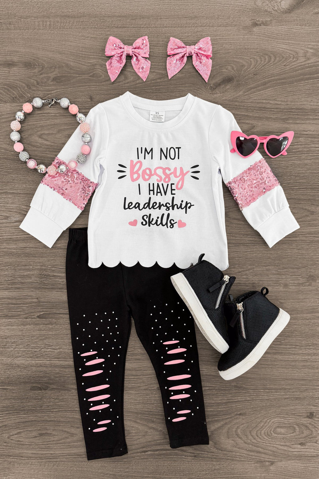 "I'm Not Bossy I Have Leadership Skills" Sequin Legging Set | Sparkle in Pink