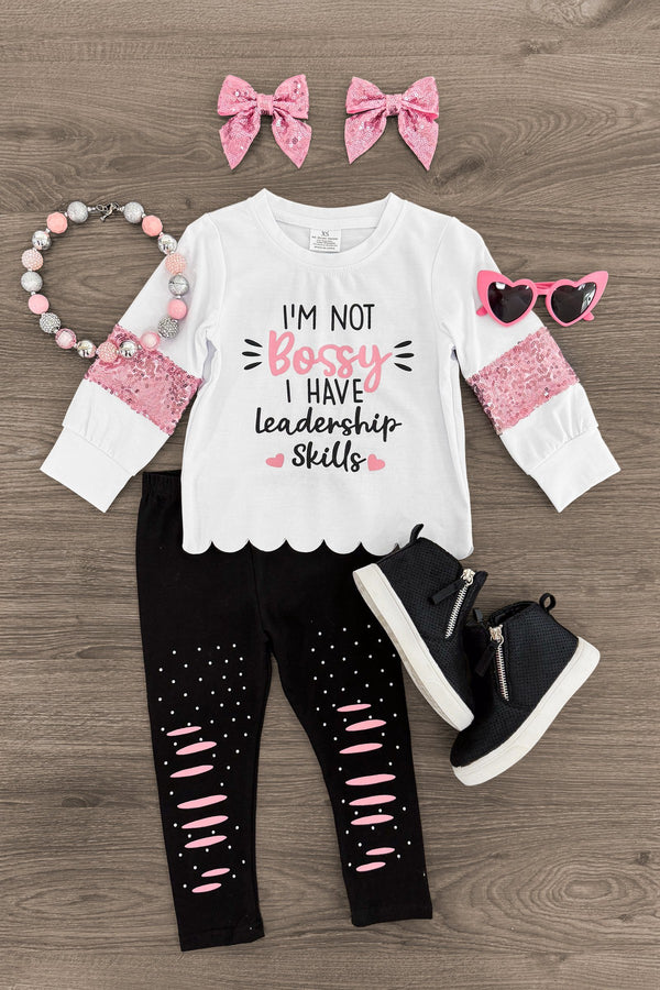 "I'm Not Bossy I Have Leadership Skills" Sequin Legging Set | Sparkle in Pink