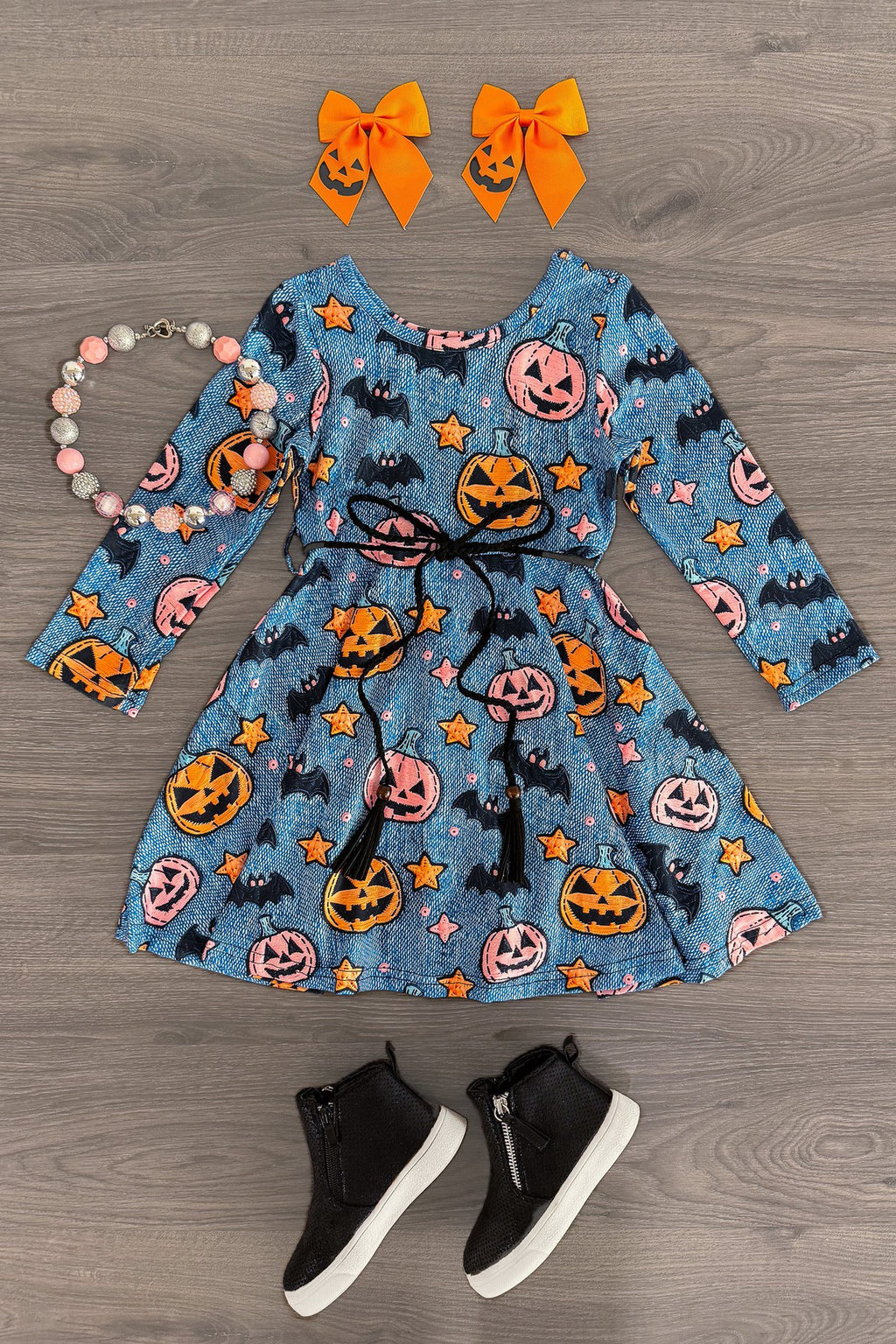 Denim Faux Embroidery Jack-O'-Lantern Dress | Sparkle in Pink